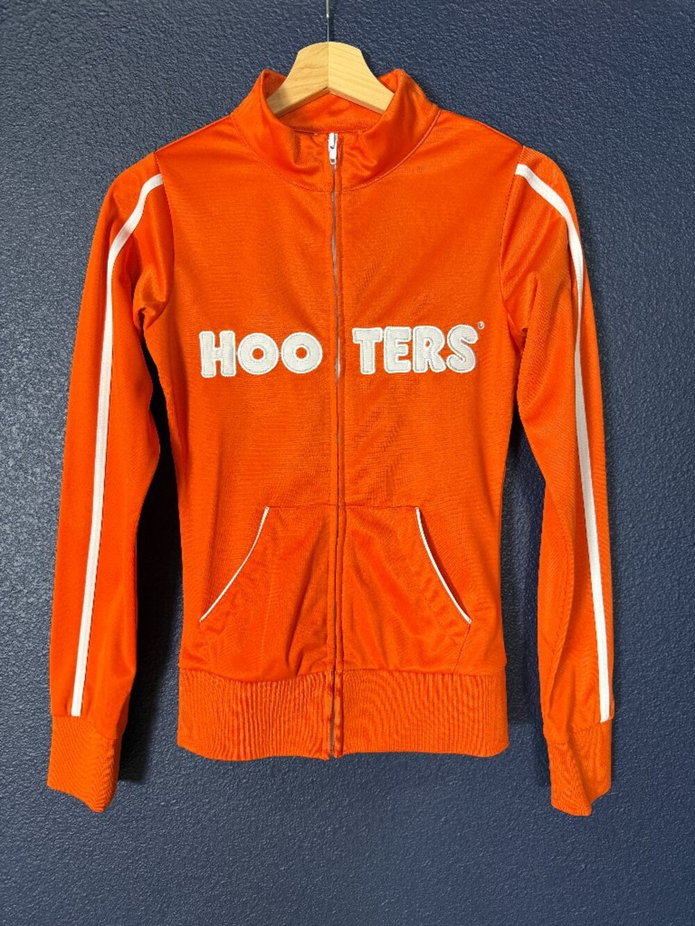 Hooters Uniform Orange White Stripe Logo Full Zip Track Jacket | XS Tall